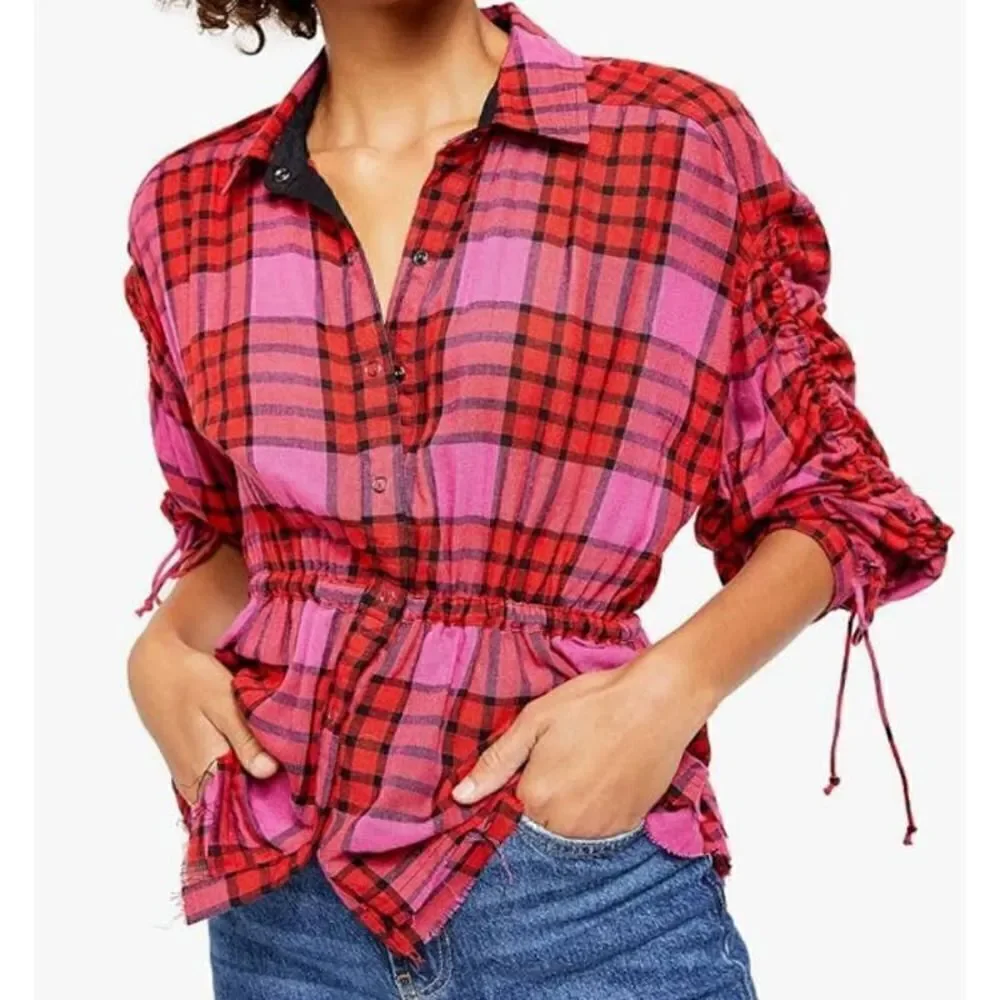 Free People Pacific Dawn Plaid Shirt Hot Pink Red Plaid Snap Button Down Sz. XS